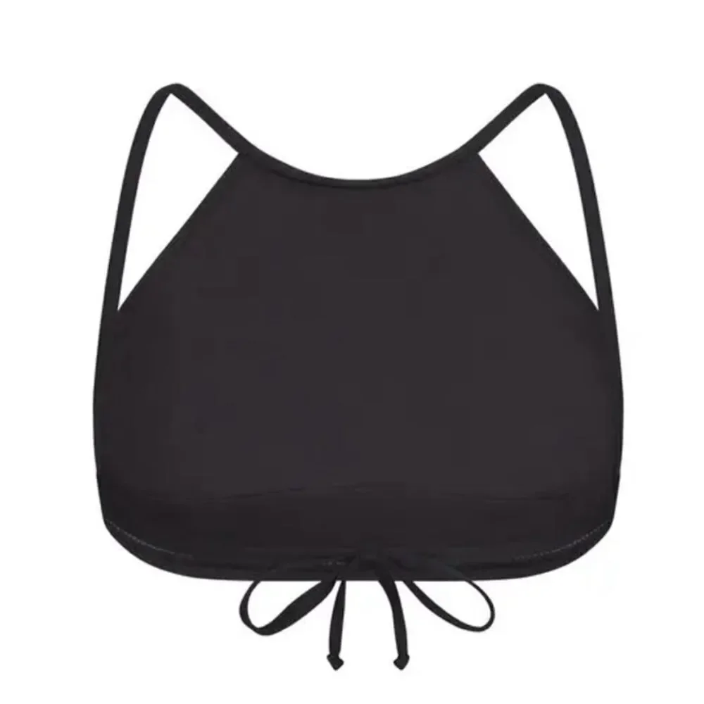NWT SKIMS Recycled Swim High Neck Back Tie Onyx Black Top